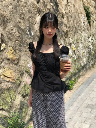 Off-shoulder Shirred Puff Sleeveless Blouse