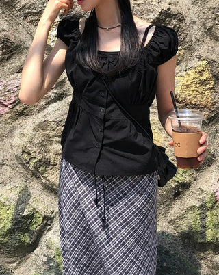 Off-shoulder Shirred Puff Sleeveless Blouse