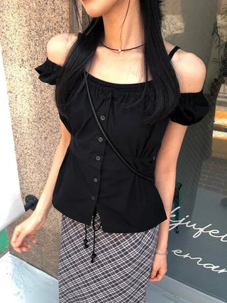 Off-shoulder Shirred Puff Sleeveless Blouse