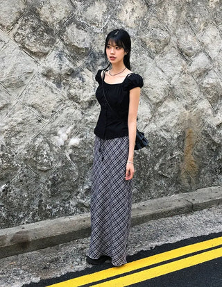 Check String H-Line Maxi Long Skirt