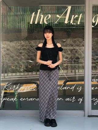 Check String H-Line Maxi Long Skirt