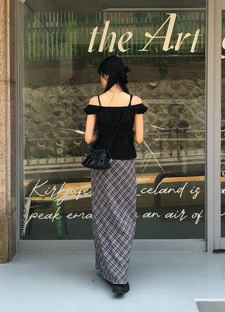Check String H-Line Maxi Long Skirt