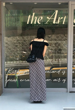 Check String H-Line Maxi Long Skirt