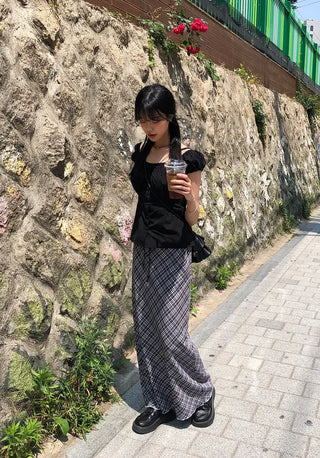 Check String H-Line Maxi Long Skirt