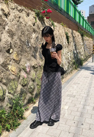 Check String H-Line Maxi Long Skirt