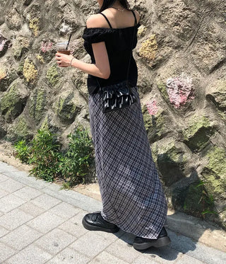 Check String H-Line Maxi Long Skirt