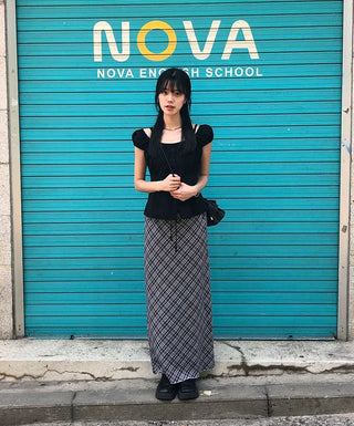 Check String H-Line Maxi Long Skirt