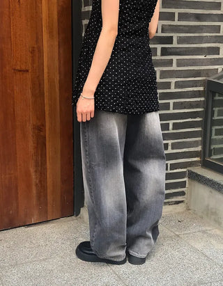 Flap Pocket Washed Denim Balloon Wide Pants