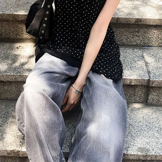 Flap Pocket Washed Denim Balloon Wide Pants