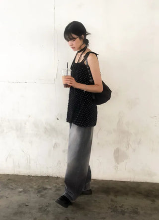 Flap Pocket Washed Denim Balloon Wide Pants