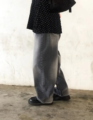 Flap Pocket Washed Denim Balloon Wide Pants