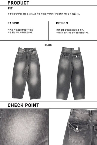 Flap Pocket Washed Denim Balloon Wide Pants
