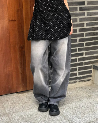 Flap Pocket Washed Denim Balloon Wide Pants