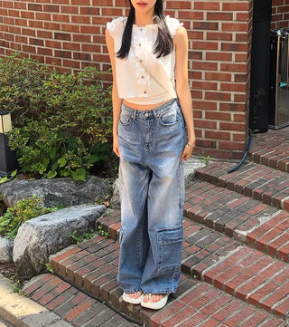 Side Pocket Tencel Cotton Wide Cargo Pants