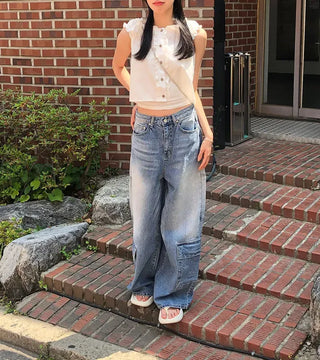 Side Pocket Tencel Cotton Wide Cargo Pants