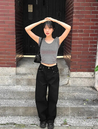 Star Pocket Studded Cotton Balloon Wide Pants