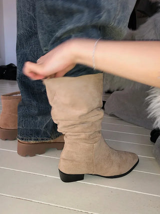 Suede Shirred Long Boots
