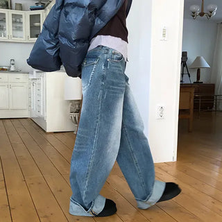 Back Pocket Washed Rolled-Up Wide Jeans