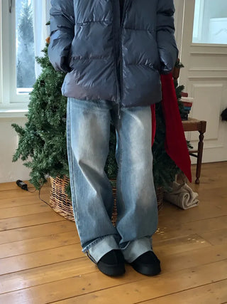 Back Pocket Washed Rolled-Up Wide Jeans