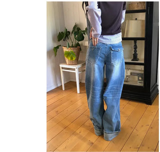 Back Pocket Washed Rolled-Up Wide Jeans