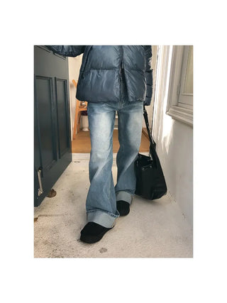 Back Pocket Washed Rolled-Up Wide Jeans