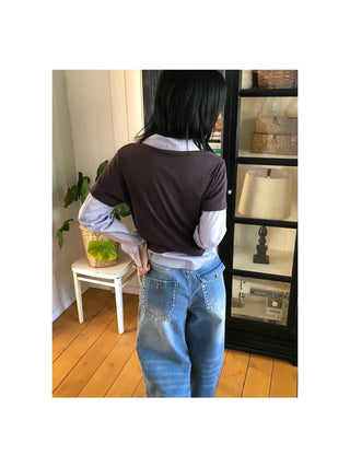 Back Pocket Washed Rolled-Up Wide Jeans