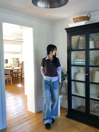 Back Pocket Washed Rolled-Up Wide Jeans