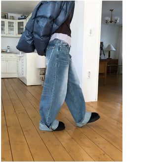 Back Pocket Washed Rolled-Up Wide Jeans