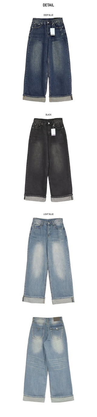 Back Pocket Washed Rolled-Up Wide Jeans