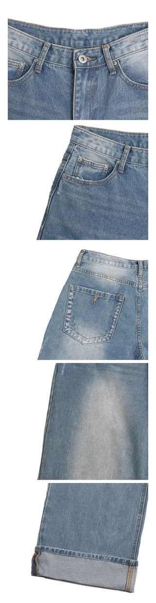 Back Pocket Washed Rolled-Up Wide Jeans