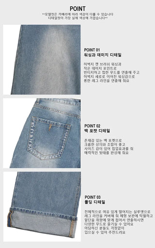 Back Pocket Washed Rolled-Up Wide Jeans