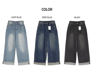 Back Pocket Washed Rolled-Up Wide Jeans