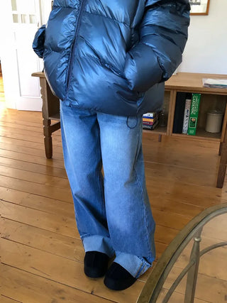 Back Pocket Washed Rolled-Up Wide Jeans