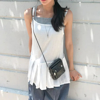 Pleated Layered Side-Slit Linen Bustier Sleeveless Dress