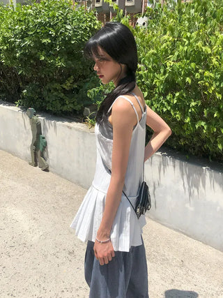 Pleated Layered Side-Slit Linen Bustier Sleeveless Dress