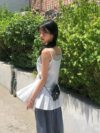 Pleated Layered Side-Slit Linen Bustier Sleeveless Dress