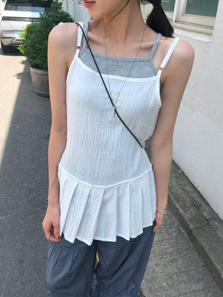 Pleated Layered Side-Slit Linen Bustier Sleeveless Dress