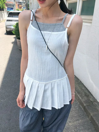 Pleated Layered Side-Slit Linen Bustier Sleeveless Dress