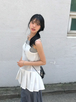Pleated Layered Side-Slit Linen Bustier Sleeveless Dress