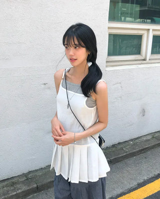 Pleated Layered Side-Slit Linen Bustier Sleeveless Dress