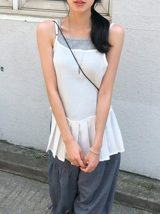 Pleated Layered Side-Slit Linen Bustier Sleeveless Dress