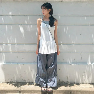 Pleated Layered Side-Slit Linen Bustier Sleeveless Dress