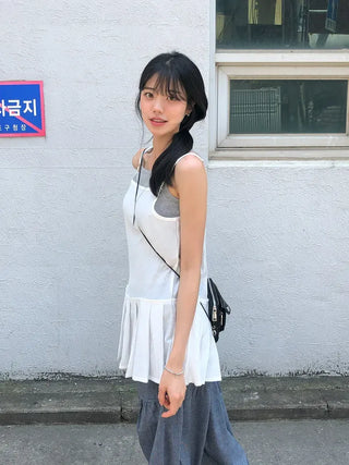 Pleated Layered Side-Slit Linen Bustier Sleeveless Dress