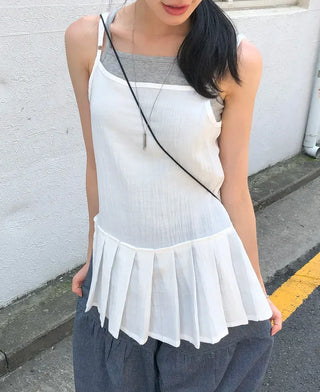 Pleated Layered Side-Slit Linen Bustier Sleeveless Dress