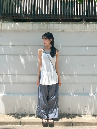 Pleated Layered Side-Slit Linen Bustier Sleeveless Dress
