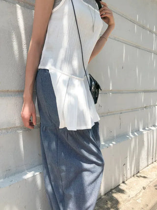 Pleated Layered Side-Slit Linen Bustier Sleeveless Dress