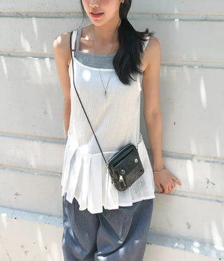 Pleated Layered Side-Slit Linen Bustier Sleeveless Dress