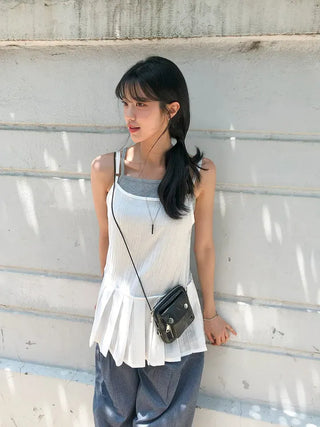 Pleated Layered Side-Slit Linen Bustier Sleeveless Dress