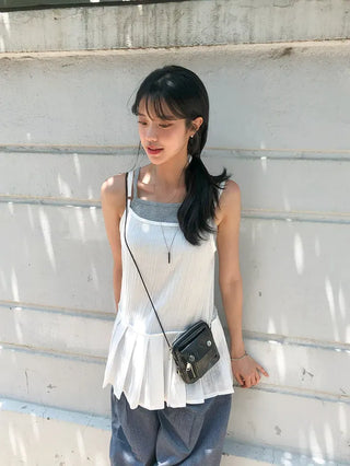 Pleated Layered Side-Slit Linen Bustier Sleeveless Dress
