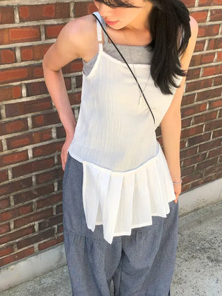 Pleated Layered Side-Slit Linen Bustier Sleeveless Dress